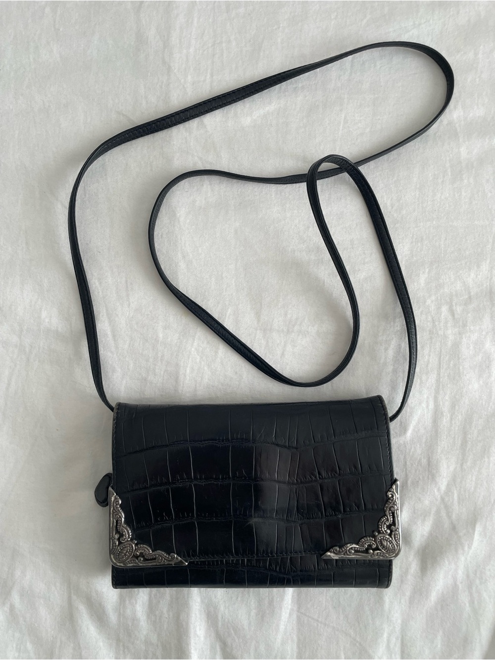 Brighton Black Croc-Embossed Crossbody with Silver Corner Details